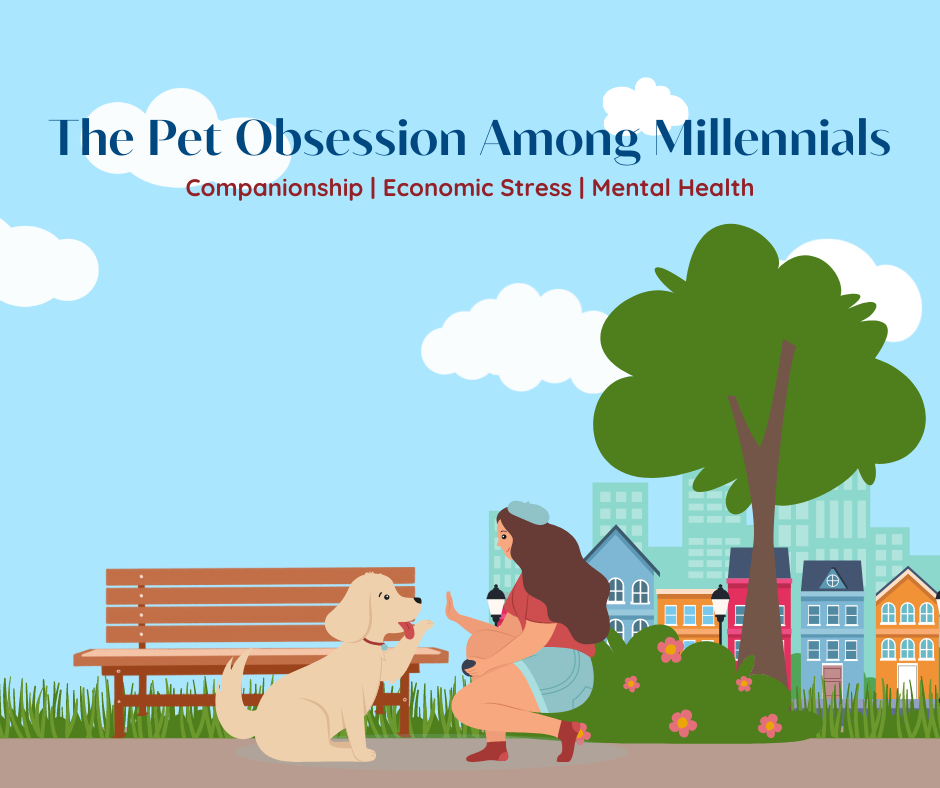 A person affectionately pets a golden retriever in a bustling city park. The scene captures the essence of the millennial fascination with pets, showcasing the bond between humans and animals amid urban surroundings.